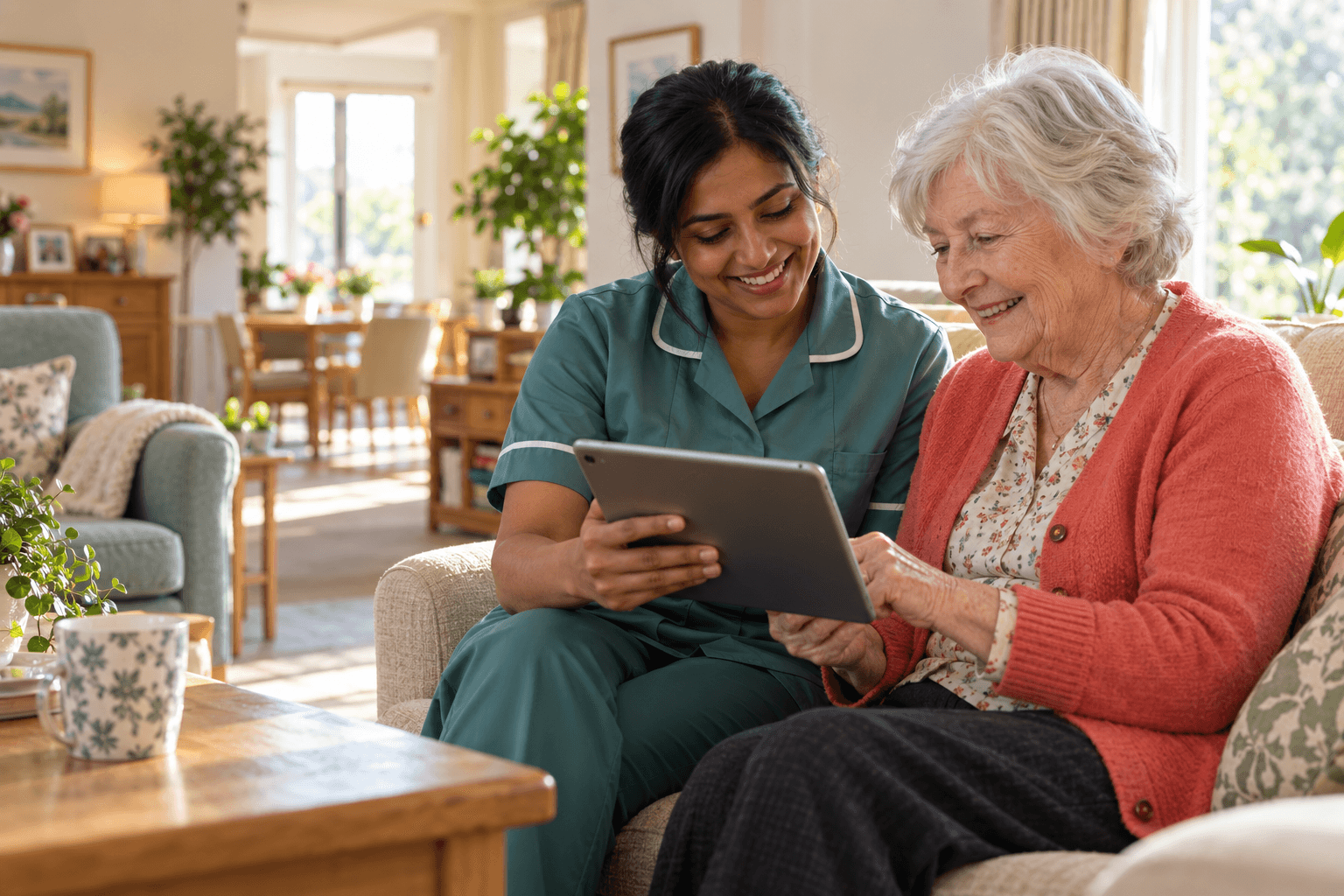 Illustration of a care professional and an older woman looking at a tablet together